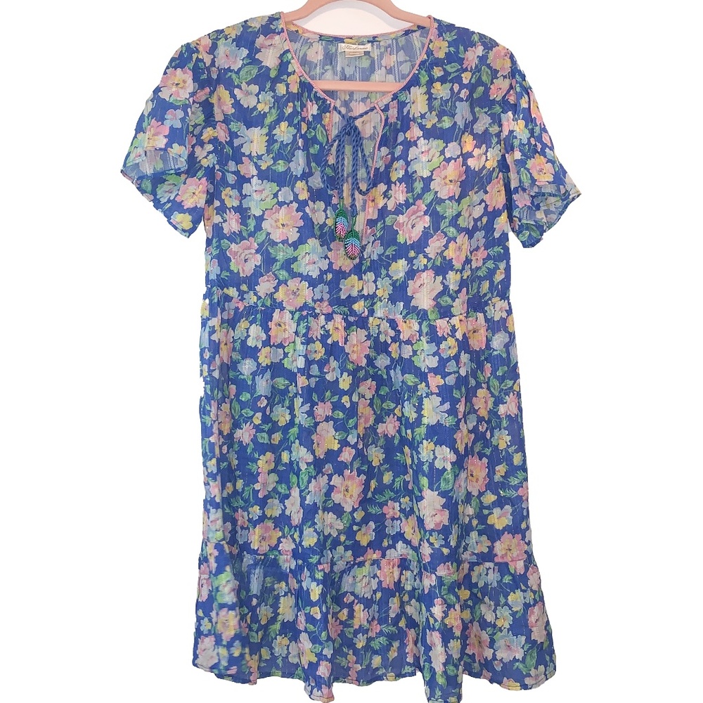 Shoshanna Ruffled Floral Blue Hem Mini Dress Size Small Bead Strings